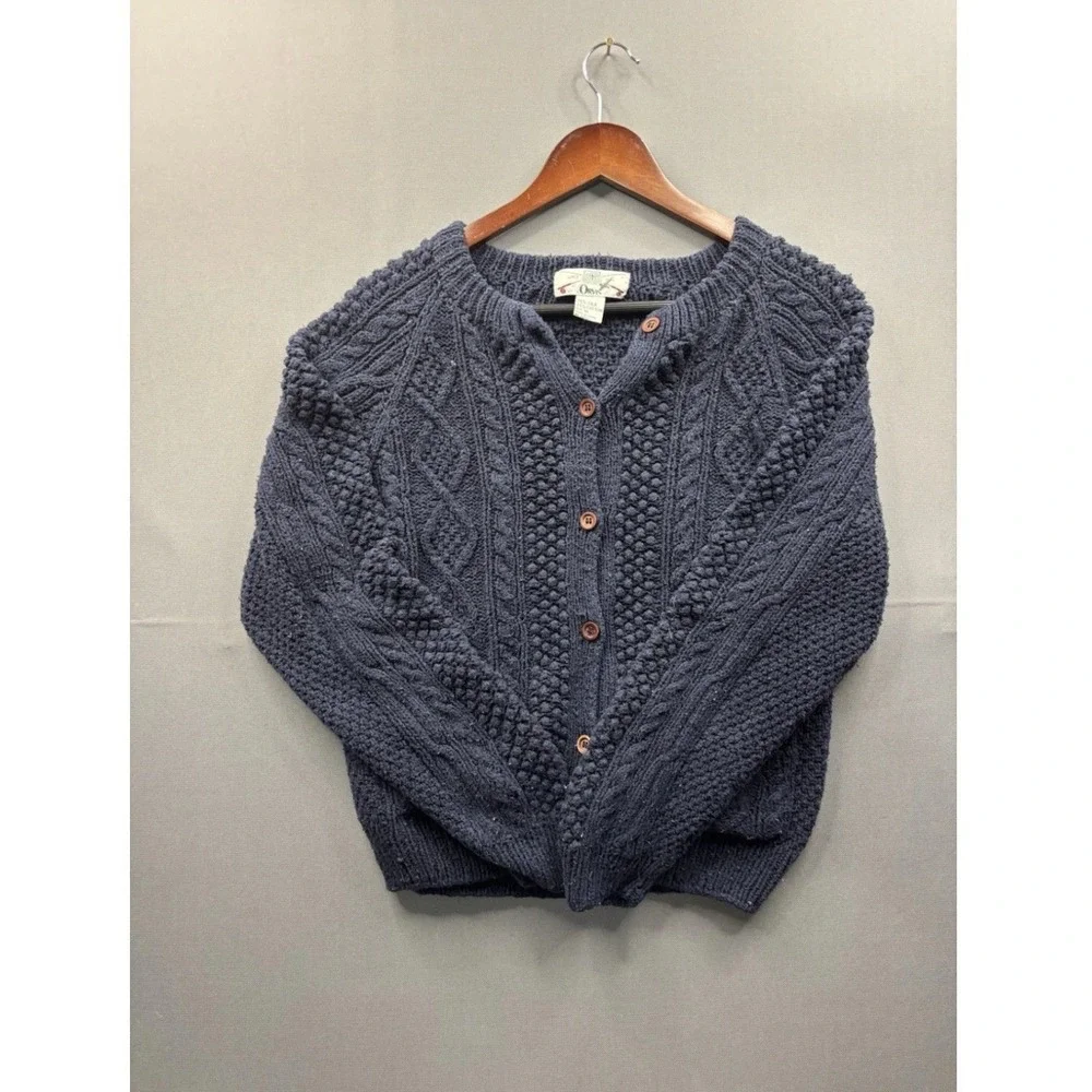 Orvis Cardigan Sweater Womens Navy Blue Silk Cotton Cable Knit Pockets M - Picture 2 of 8